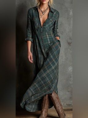 MODESEES Women's Plaid Lapel Single-Breasted Shirt Maxi Dress
